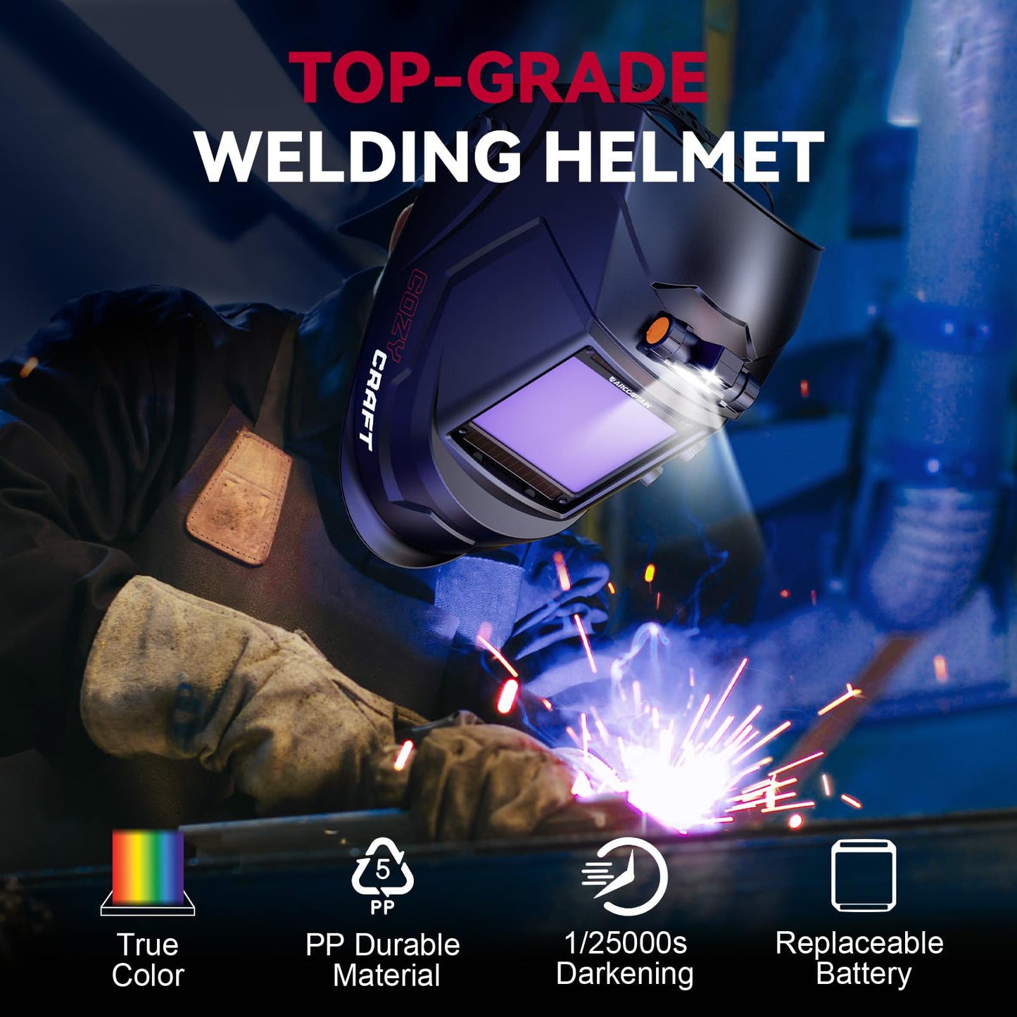 ARCCAPTAIN Large View 3.94" x 3.66" True Color Auto Darkening Welding Helmet with Light, Solar Powered Welding Hood, 4 Arc Sensor Wide Shade 4/5-9/9-13 for Stick MIG TIG Cut