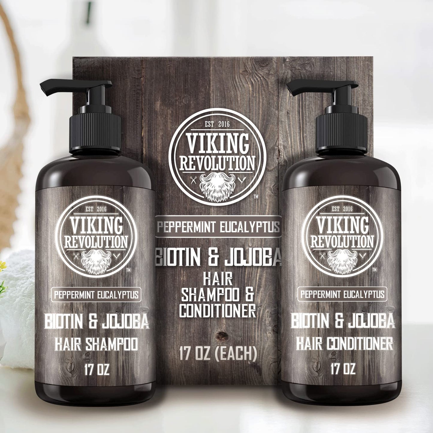 Viking Revolution Biotin Mens Shampoo and Conditioner Set - Eucalyptus Shampoo and Conditioner Set with Jojoba and Mint Oil - Pe