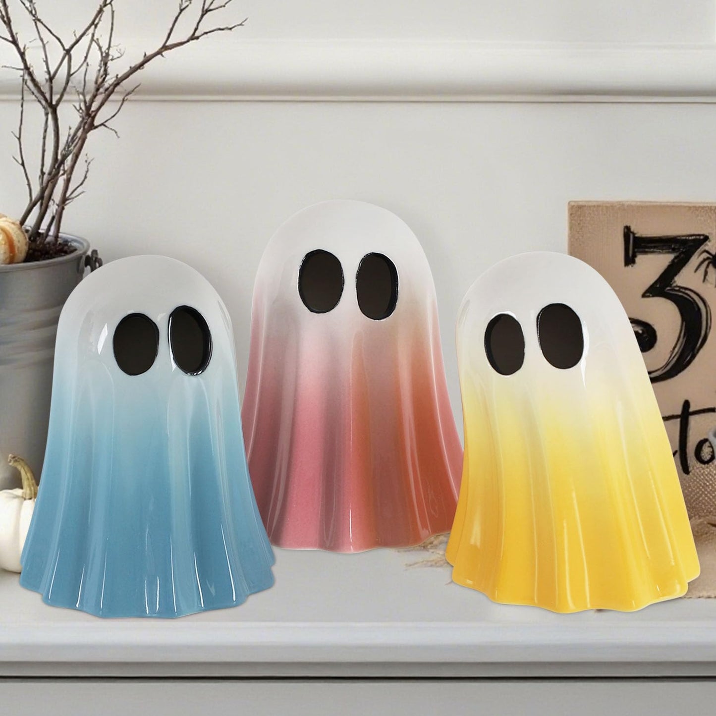 DAZONGE Halloween Ghost Decorations Indoor, Set of 3 Ceramic Spooky Figurines for Indoor Tabletop, Shelf, and Mantel Display