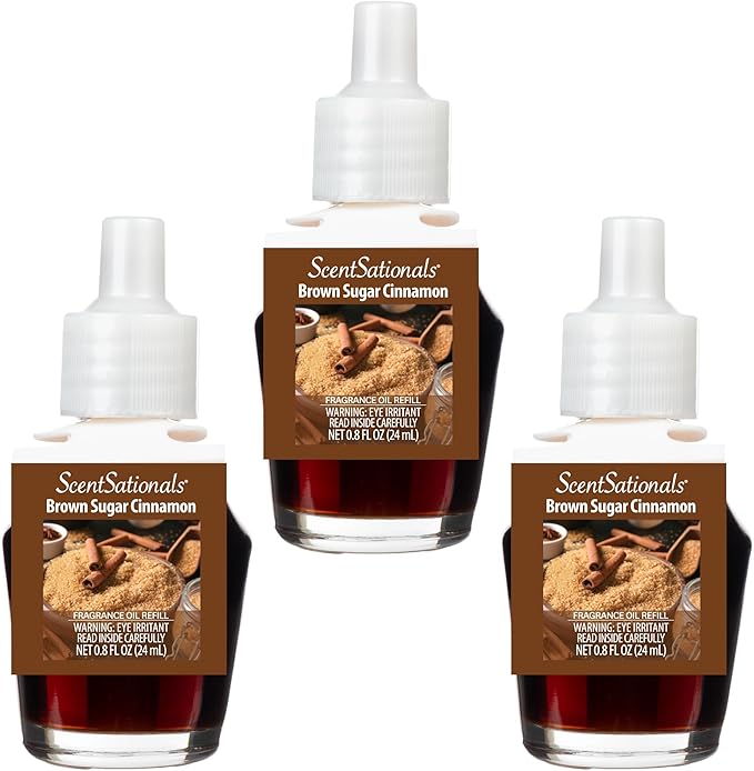 Scentsationals Fragrance Oil Plug In Air Freshener Refills 3-Pack - Brown Sugar Cinnamon - Works with Scentsationals Wall Plugs, Long-Lasting Home Fragrance, 0.8 fl oz Each, Packaging May Vary
