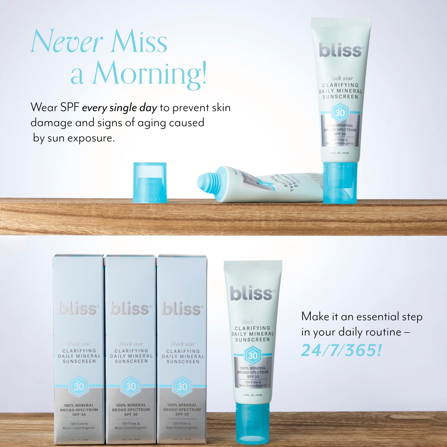 Bliss Block Star Clarifying Daily Mineral Sunscreen Broad Spectrum SPF 30, Blendable Pore Safe Formula for Blemish Prone Skin wi
