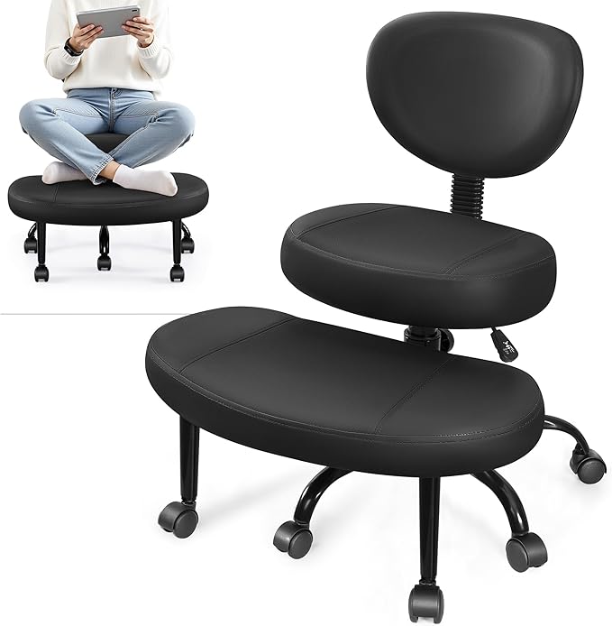 Ergonomic Cross Legged Office Chair with Wheels - Adjustable Height for Meditation, ADHD Desk & Yoga - Wide Criss Cross Design with Lumbar Support, Kneeling Chair - Jet Black