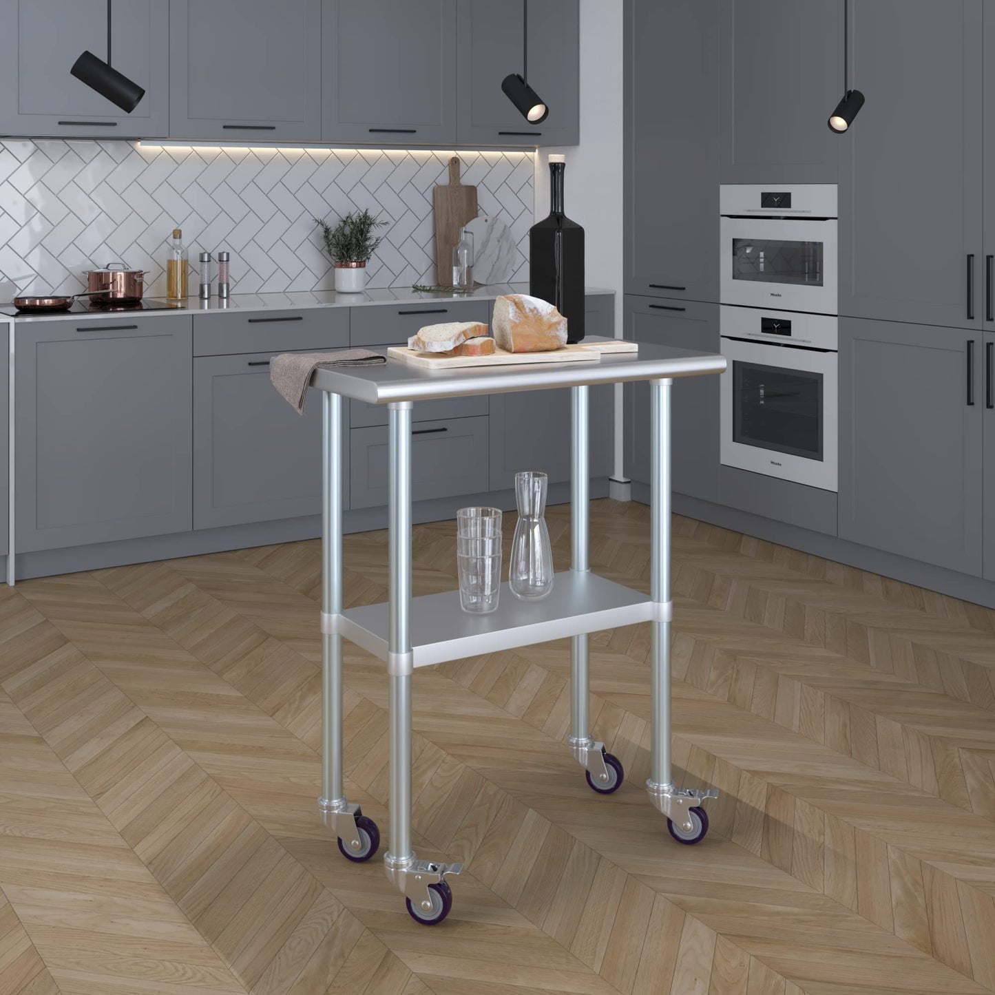 AmGood 18 in. x 30 in. Stainless Steel Work Table with Wheels | Metal Kitchen Food Prep Table | NSF