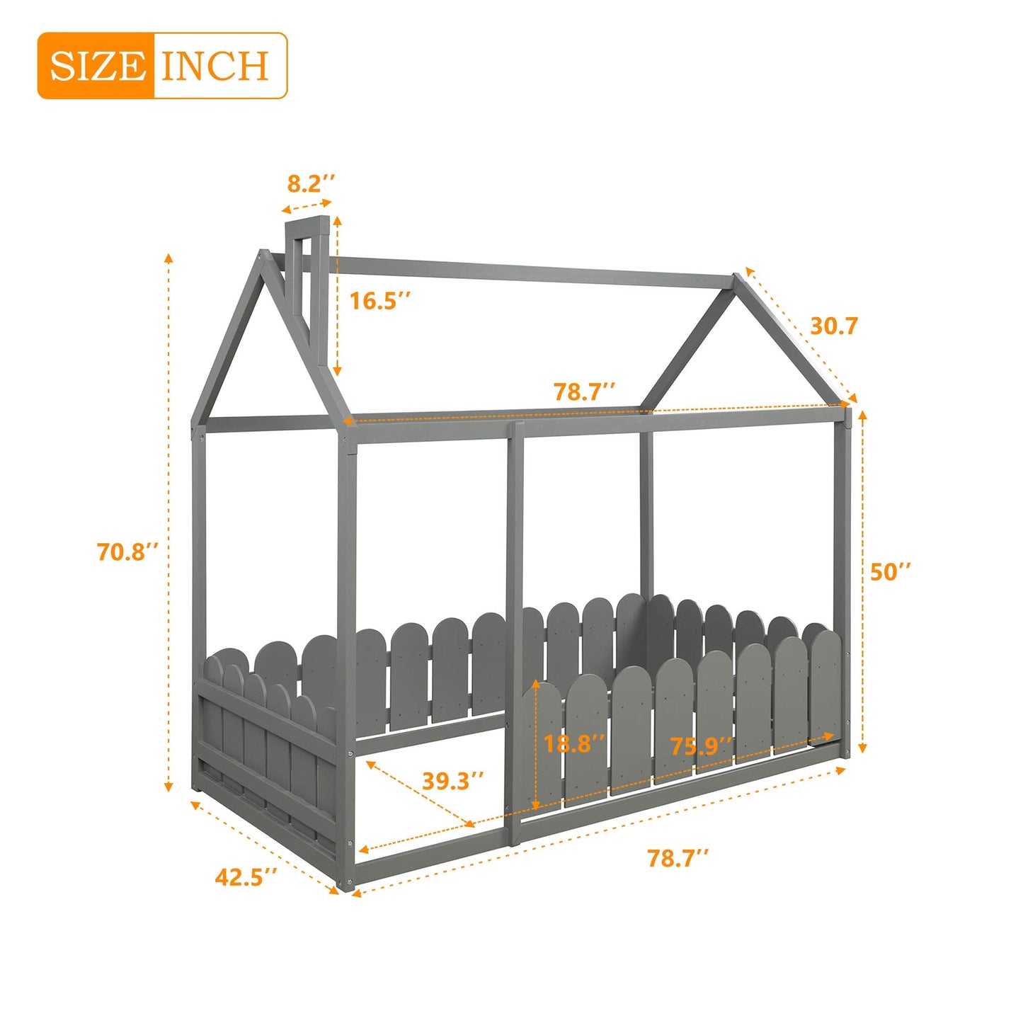 Harper & Bright Designs House Bed Twin Kids Bed Floor Bed Frame with Roof and Fence, Box Spring Needed, for Toddlers, Kids, Teens, Girls, Boys (Twin Size, Gray)