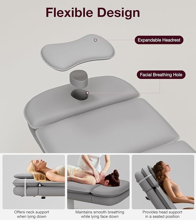 VARONXE Fully Electric Massage Table w/3 Motors, Professional Angle and Height Adjustable Spa Bed Facial Chair, Motorized Esthetician Bed Treatment Table for Beauty Salon, Stool Included, Grey
