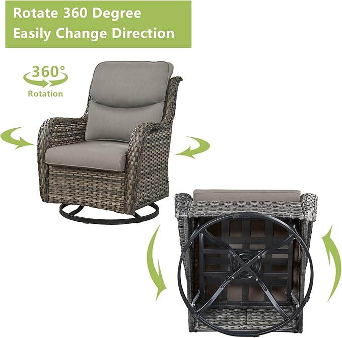 Rilyson Wicker Rocking Chair Swivel Chairs - 2 Piece Rocker Patio Chairs Set Rattan Rocking Chair for Outdoor Porch Deck Garden Backyard (Mixed Grey/Grey/Smile)