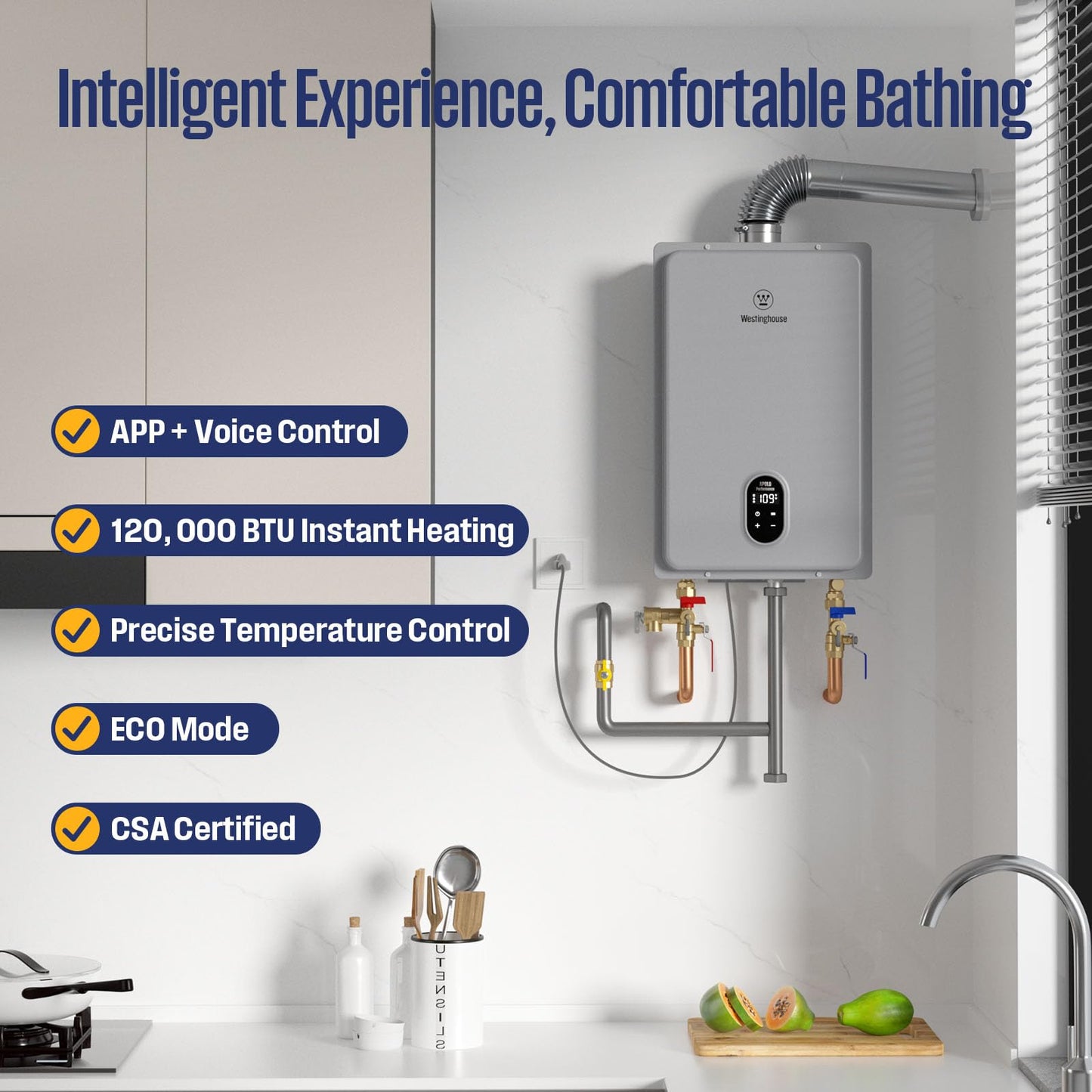 Westinghouse Smart Tankless Water Heater Natural Gas Indoor, 5.1 GPM 120,000 BTU Whole Home Instant Hot Water Heater, WiFi App Control, ±1°F Temperature Stability, Non-Condensing for 2-4 Fixtures