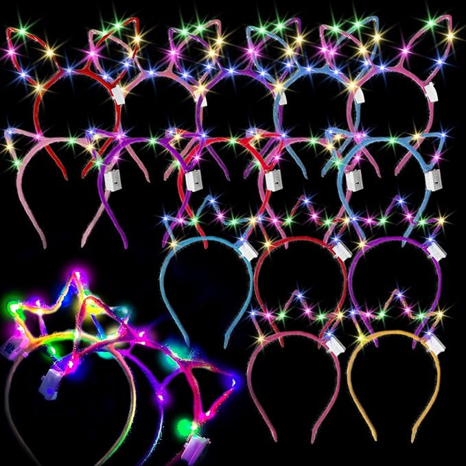 M.best 24pcs LED Cat Ear Headbands, Light Up Cat Ear Crown Rabbit Headwear Accessories for Halloween Christmas Party Supplies