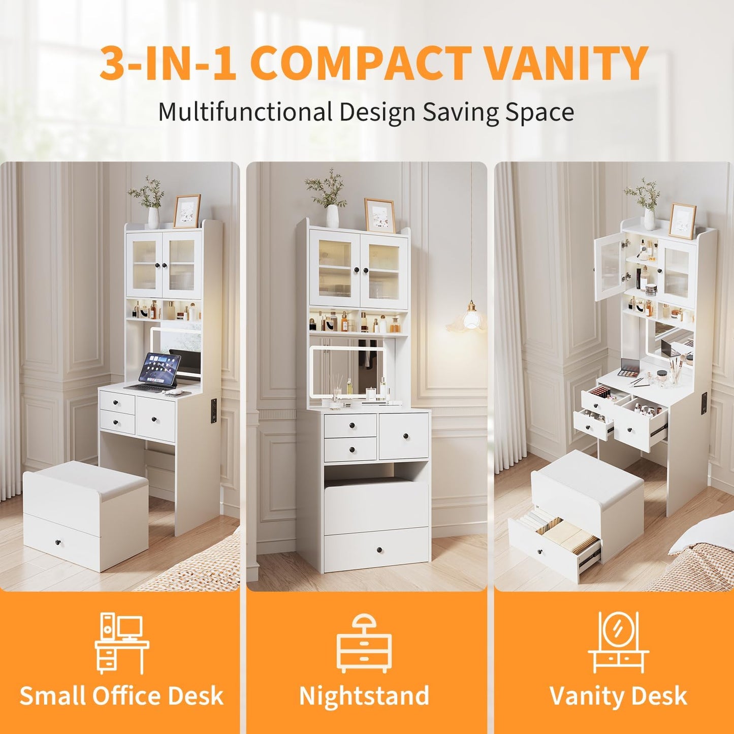 3-in-1 Make Up Vanity Desk with Mirror & Lights, Compact Vanity Table with Drawers, Storage Compartment and Rolling Stool, Modern Small Makeup Vanity and Storage Chair for Bedroom, Powder Room