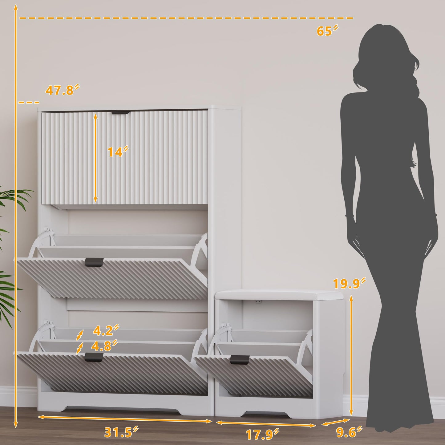 BORNOON Slim Shoe Cabinet with Bench for Entryway, Hidden Storage and Adjustable Shelves, Free Standing Wooden Shoes Organizer for Foyer, Hallway