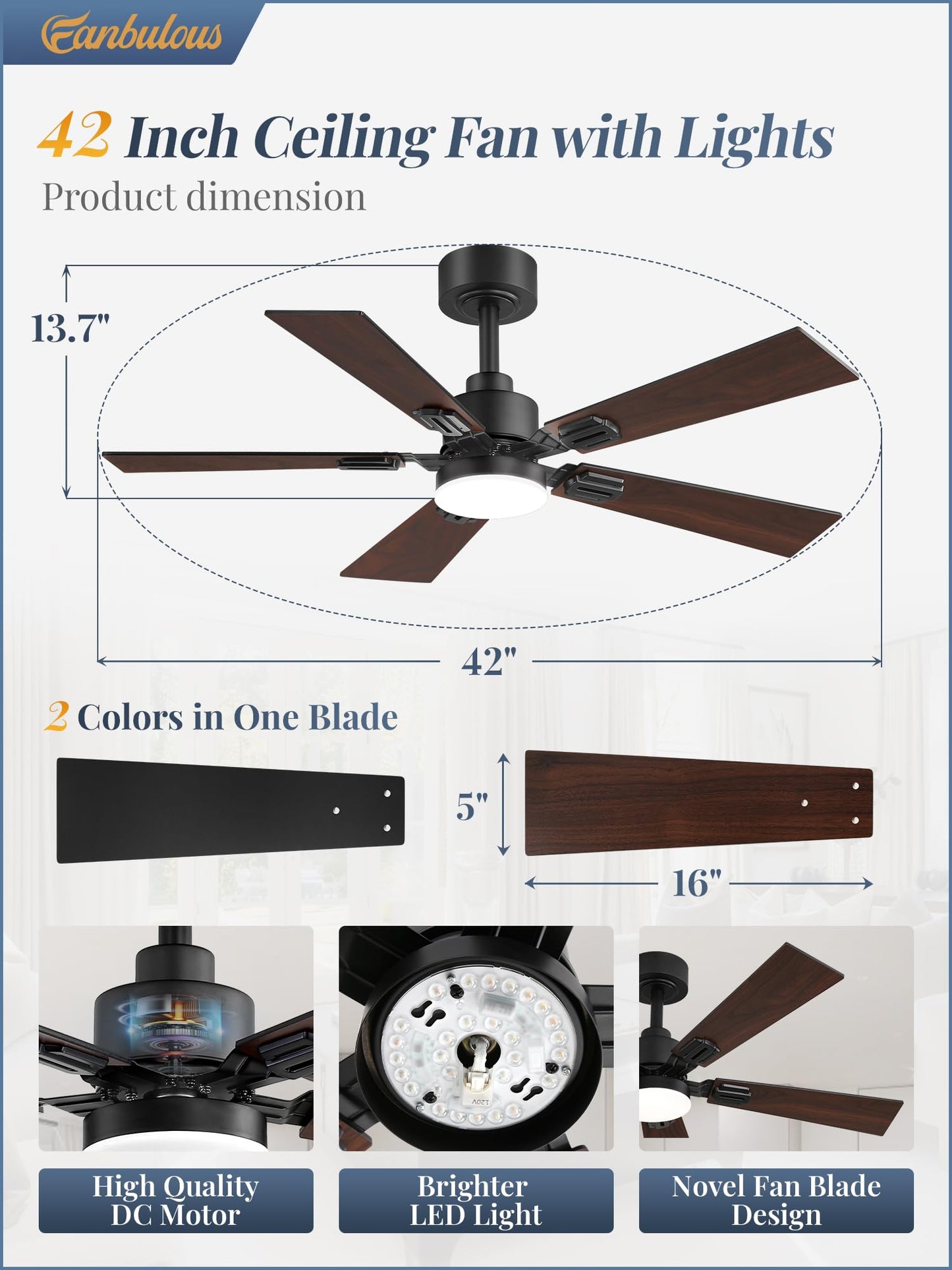 Fanbulous 2 Pack of 42 Ceiling Fans with Lights and Remote, Modern Low Profile Ceiling Fans with Dimmable 3CCT Quiet DC Motor, Reversible Celing Fan with 6-Speeds Timer for Bedroom(Black)