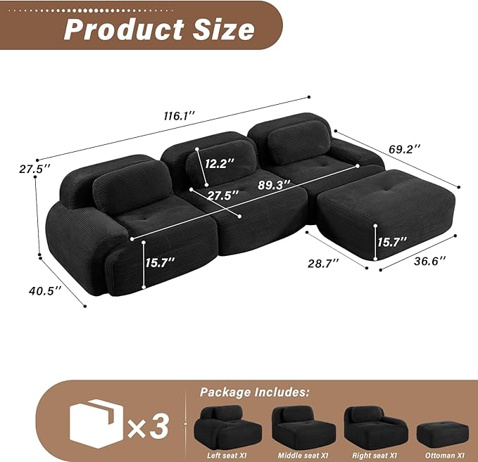 SoarFlash 117" Modern L-Shaped Modular Sectional Sofa for Living Room, Corduroy Upholstery Oversized 3-Seater Couch with Deep Seat and Movable Ottoman-No Assembly, Black