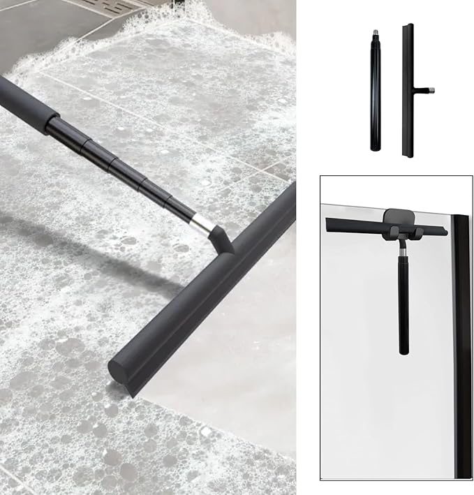 Telescopic Black Shower Squeegee for Glass Doors, Tile Shower Walls, and Bathroom - 13.19x43.13 Inch - Includes Suction Hook, Ideal Squeegee for Shower Glass