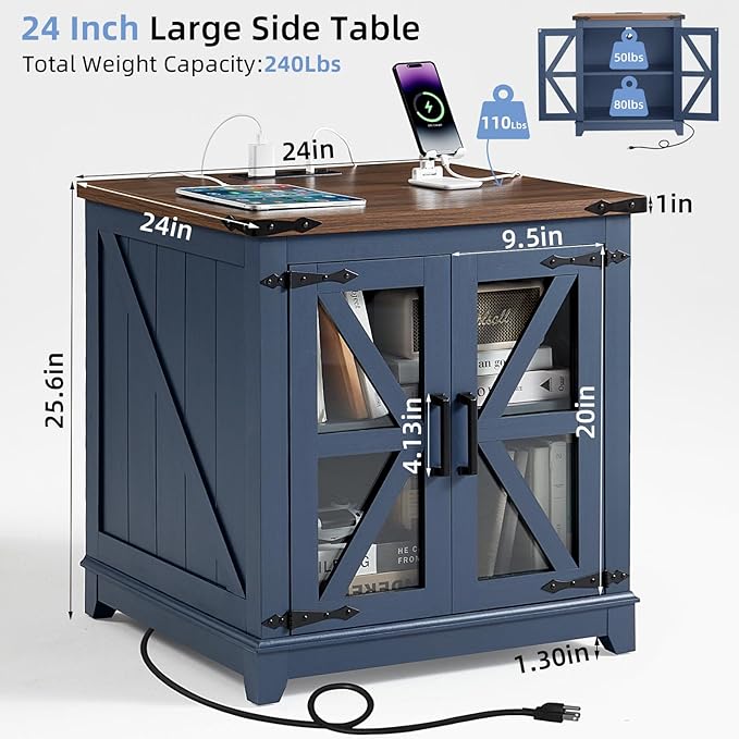 Joaxswe Farmhouse End Table with Charging Station, 24" Large Sofa Side Table with Glass Barn Door, Blue Nightstand with Adjustable Storage Shelf,Wood Square Bedside Table for Living Room,Bedroom