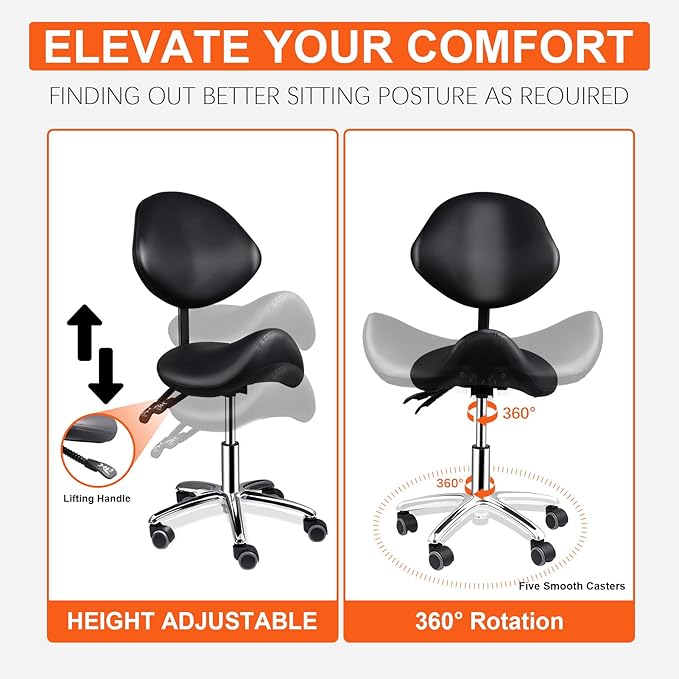 Saddle Stool with Back Support, 400lbs Adjustable Salon with Wheels, Heavy Duty Rolling Ergonomic Rolling Esthetician Seat for Home Office Salon Shop Dentist Clinic, for People 5 ft to5.8 ft Tall