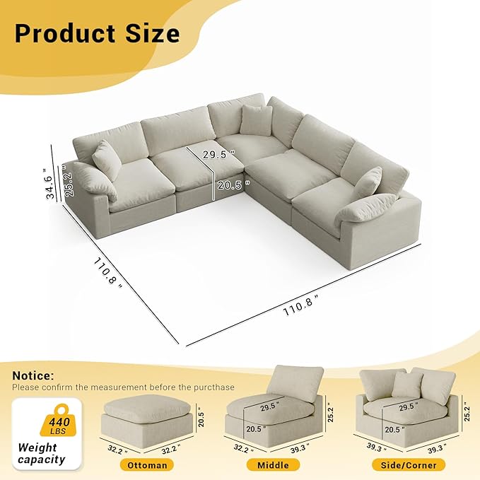 Cloud Modular Couch for Living Room,5 Seat V Shape Linen Blend Sofas,Modern Deep Seat Cloud Sofas,Convertible Comfort Down Filled Sectional Couches,Removable Washable Cushion Covers,Light Biege