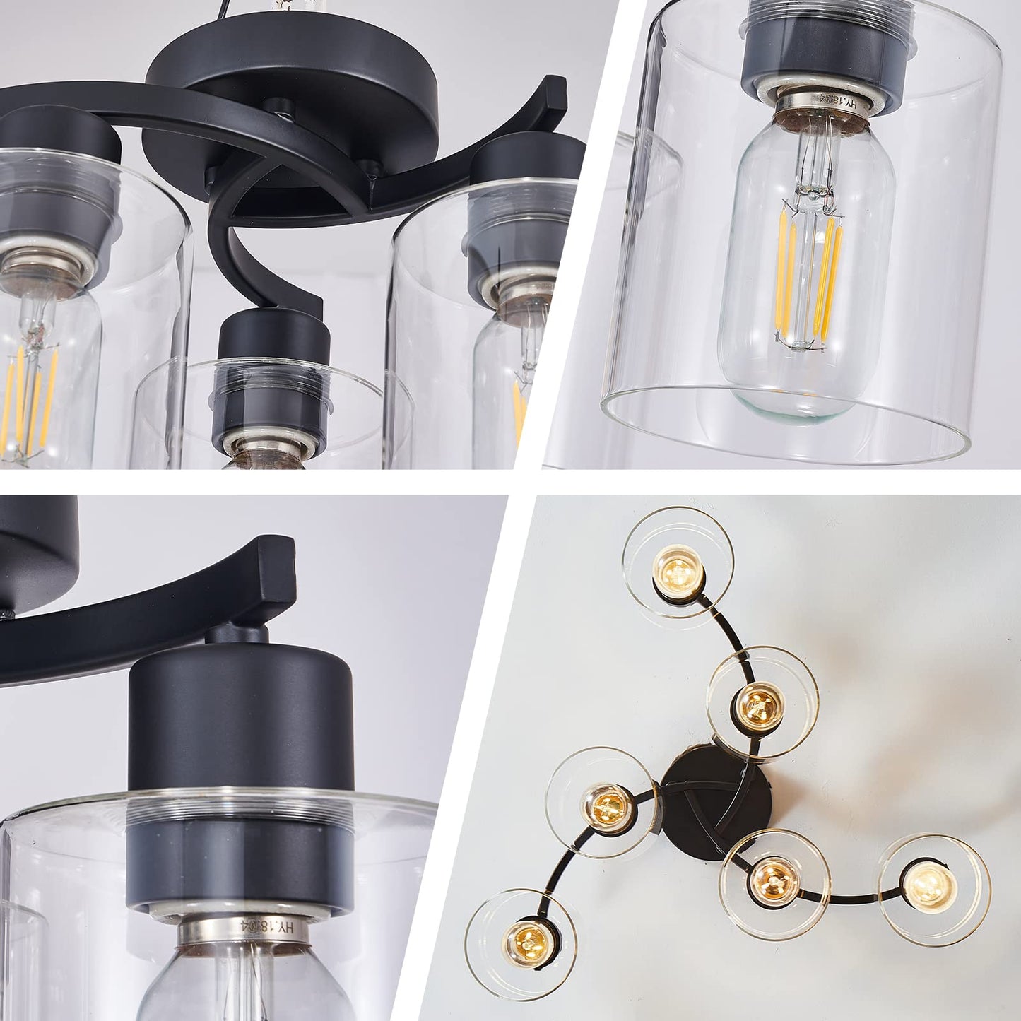 Eatich 6-Light Ceiling Light, Semi Flush Mount Ceiling Light Fixture, Kitchen Lighting Fixtures Ceiling, Farmhouse Black with Clear Glass Shade for for Dining Room Bedroom Living Room