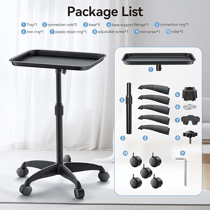 Salon Tray, Adjustable Height Salon Rolling Tray Cart with Wheels, Aluminum Hairstylist Color Tattoo Tray with Wheels for Salon&Spa Use(36inch)