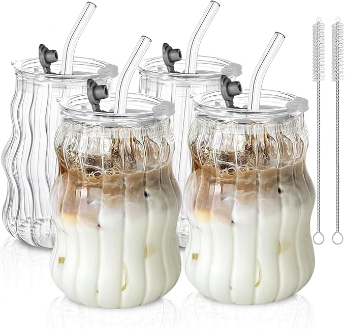 KEMORELA 4PCS Ribbed Glass Cups with Lids & Straws – 18oz Vintage Wavy Coffee Cups, Bubble Glass Aesthetic for Iced Coffe...