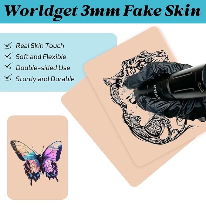 5Pcs Tattoo Practice Skin - Worldget 7.4"x5.6" Fake Skin for Tattooing, Double Sided Silicone Tattoo Skin for Beginners and Artists, Tattoo Supplies Kit