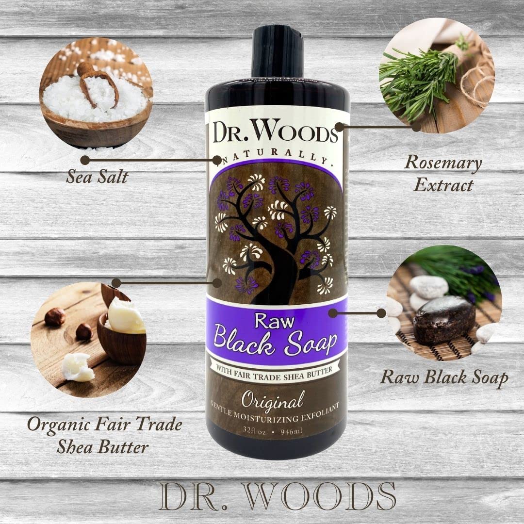 Dr. Woods Raw African Liquid Black Soap - Body Wash for Men and Women, Contains Organic Shea Butter, Gentle Exfoliant, Natural C
