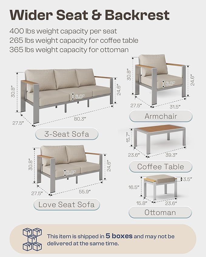 Oasbira Aluminum Outdoor Patio Furniture Set with Coffee Table, 7 Piece Patio Conversation Sets with Thick Cushion, Ottomans, Patio Sectional Furniture Set for Porch, Balcony, Deck, Yard, Silver