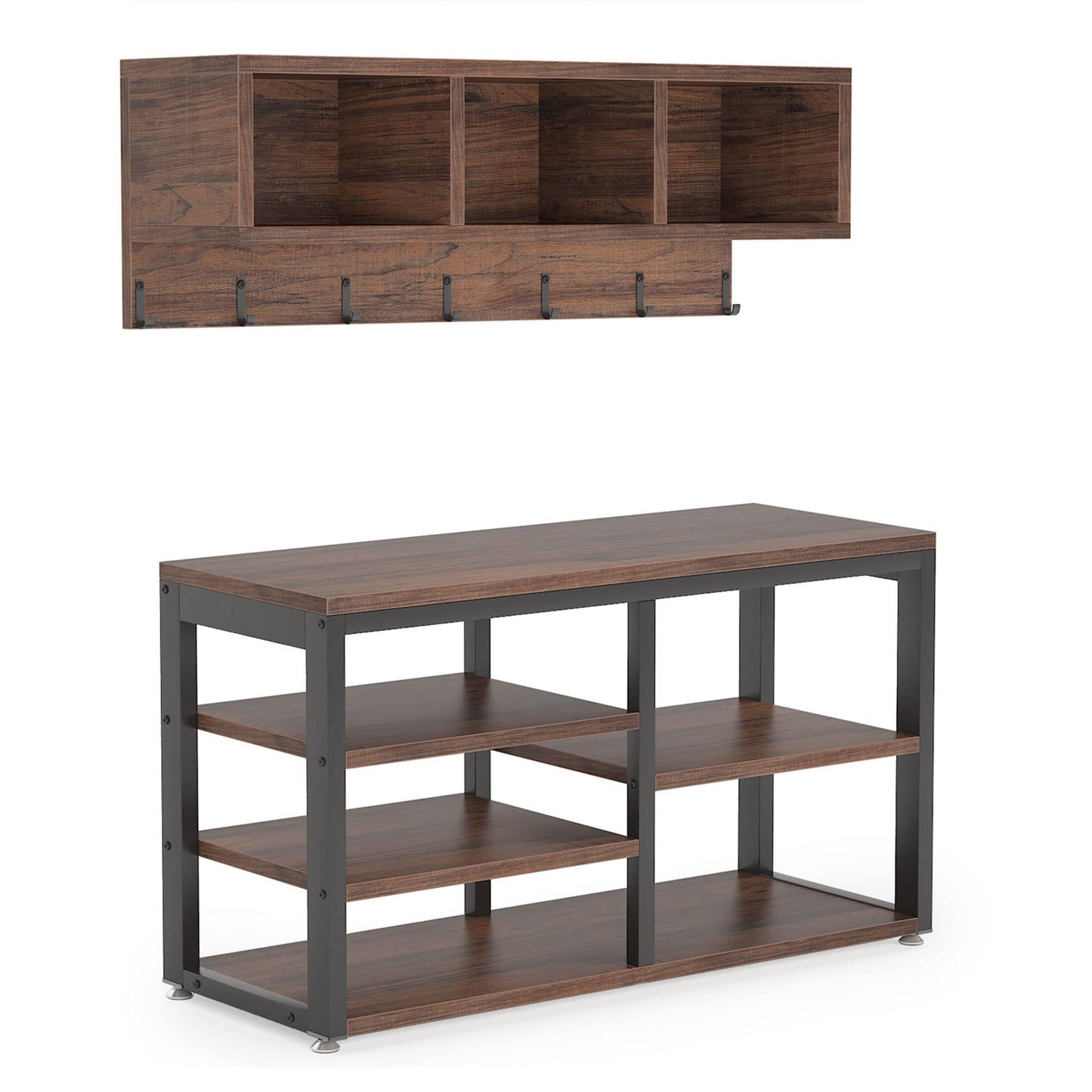 Tribesigns Industrial [Shoe] [Rack] [Bench] with Coat [Rack] Set with Hall Tree, 3 Storage Cubbies, 7 Hooks for Entryway, Hallway, 5-in-1Design, Rustic Brown