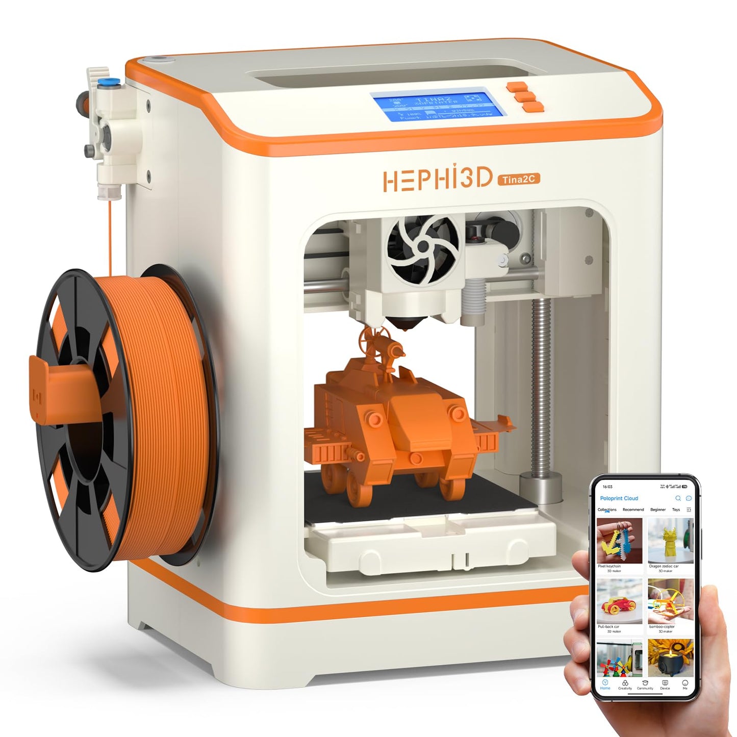 HEPHi3D TINA2C 3D Printer with WiFi Cloud Print, Fully Assembled Mini 3D Printer for Beginners and Kids, Auto Leveling, 2500+ Models APP Control 3D Printers Fully Open Source for Home, School, Office