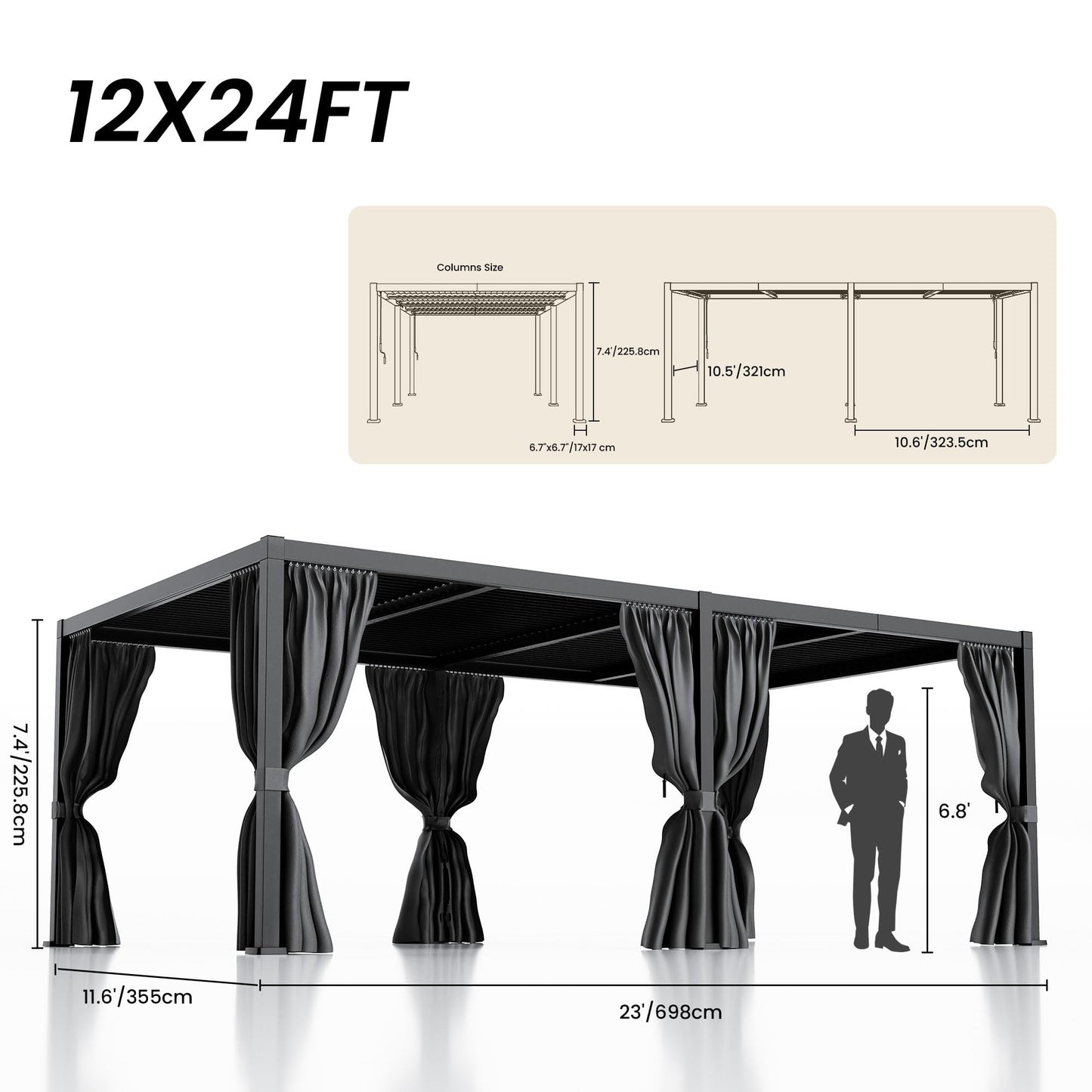 COSIEST 12'X24' Aluminum Louvered Pergola,All-Weather Adjustable Roof with Mosquito-Proof & UV Protection Netting Curtains Large Pergolas for Patio, Deck, Backyard, Garden Outdoor Living Space (Black)