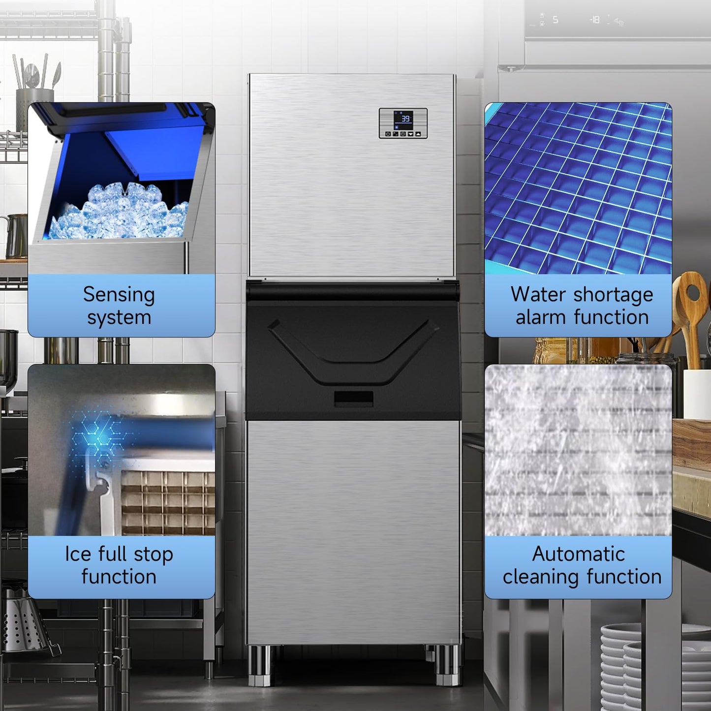 680 LBS/24H Commercial Ice Machine with 560 LBS Storage Bin, Ice Cubes Ready in 5-15 min, Stainless Steel Industrial Ice Maker, Self-Cleaning, Timing Function, Adjustable Ice Thicknesses