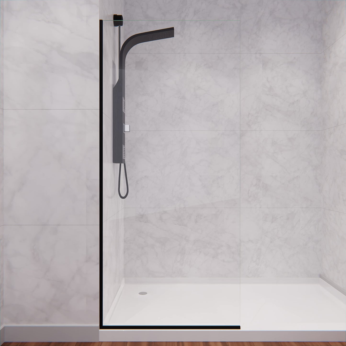 ANZZI Frameless Fixed Shower Door 34 in. x 74 in. Matte Black Clear Tempered Glass Panel with Tsunami Guard Coating, Reversible Screen Design, Hardware Included, ANSI Certified | SD-AZFL06001MB