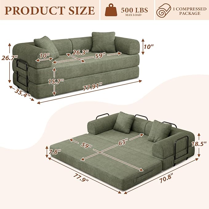 77" Convertible Sofa Bed, Modular Folding Futon Corduroy Floor Foam Compressed Loveseat Sleeper Sofa Couch, Pull Out Queen Size Couch Bed with 2 Pillows for Living Room Guest Room Studio, Light Green