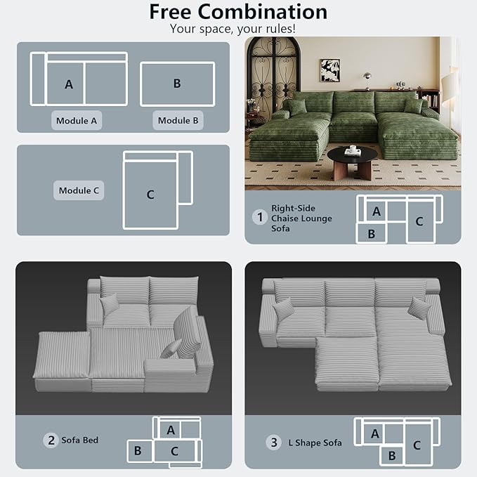 107" Cloud Sectional Couch U-Shaped Chaise with Ottoman, Corduroy Boneless Couch for Living Room Bedroom, Deep-Seat Upholstered Modular Cloud Sofa, No Assembly Required (Green, Right Facing Chaise)