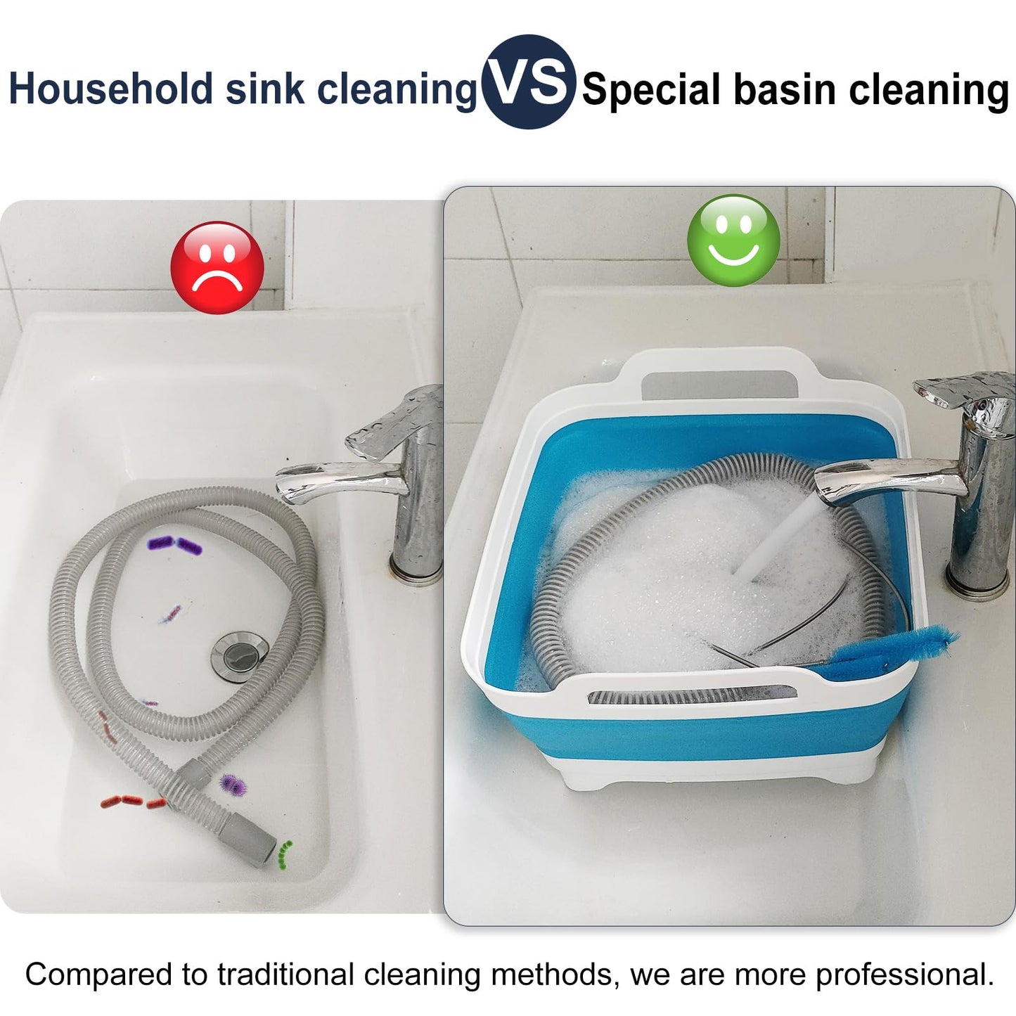CPAP Hose Cleaning Brush Kit with Collapsible Basin – Dual-Ended 7ft Tube Brush & Small Cleaner, Anti-Slip Wash Tub with Drain Plug & Handles, Fits 15mm & 22mm Tube Cleaning