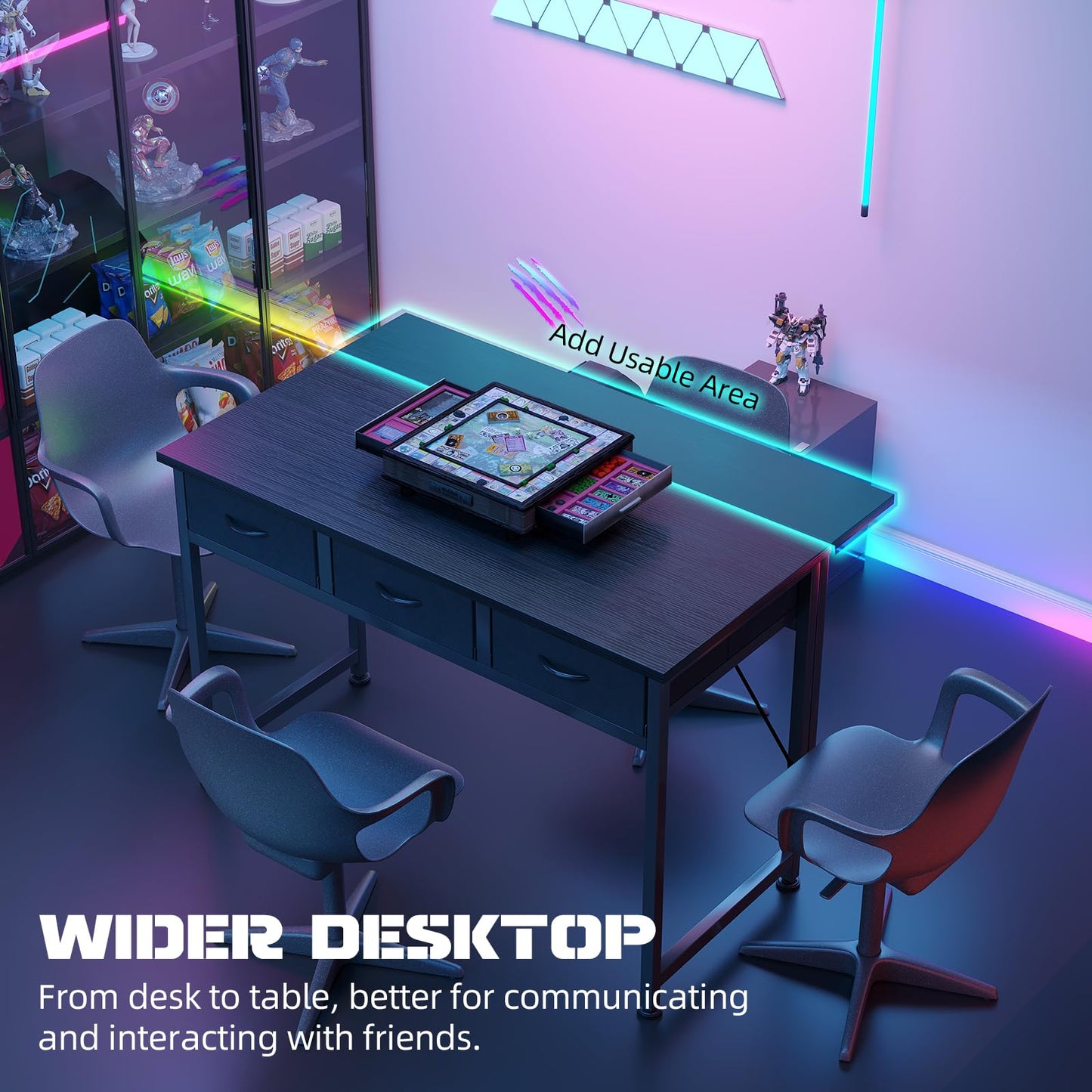 MUTUN Computer Desk with Drawers, 40 Inch Computer Desk with Power Outlet & LED Light, Gaming Desk with Adjustable Monitor Stand & Pegboard, Modern PC Study Writing Table for Bedroom, Black