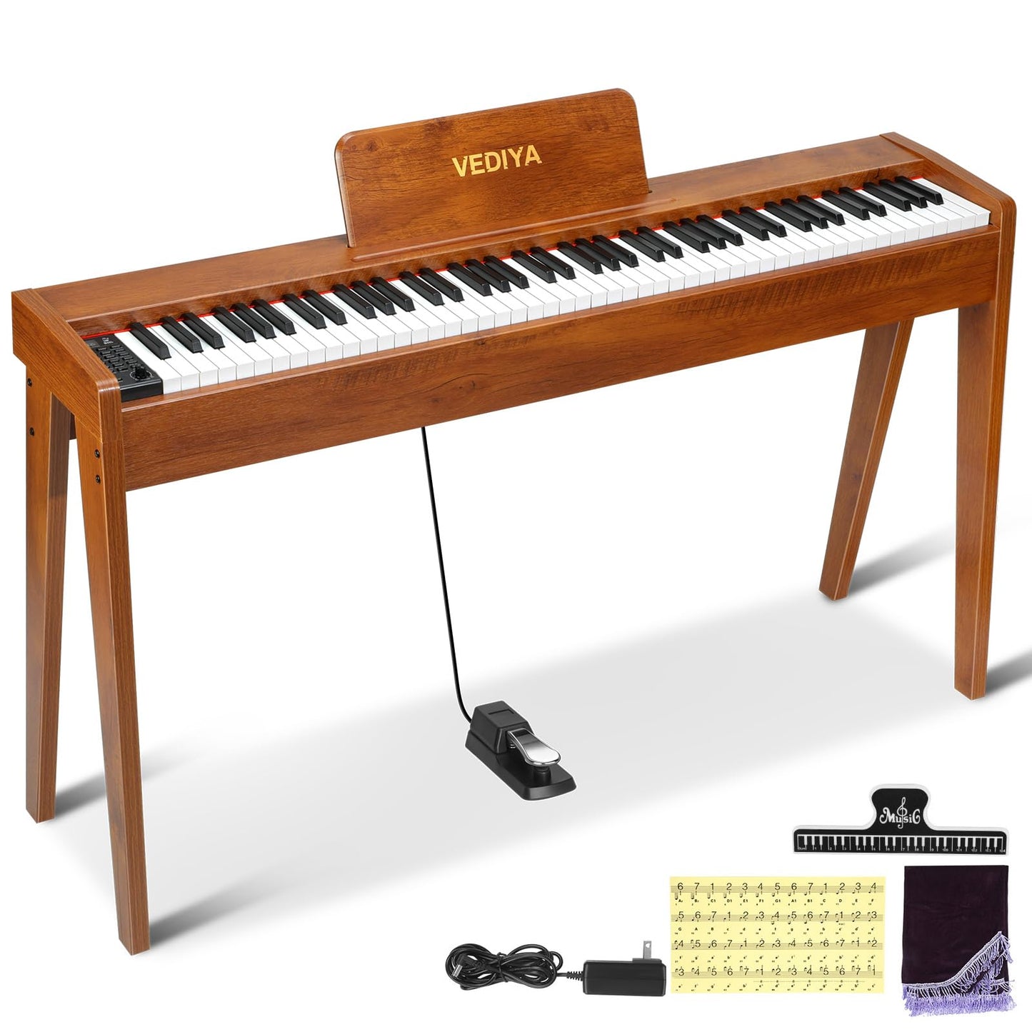 Vediya Digital Piano 88 Keys Semi-Weighted Full Size Keyboard for Beginners, Electric Piano with MIDI, Pedal, Keyboard Piano 800 Tones, 600 Rhythms, Dual Speakers, Recording Function (Brown)