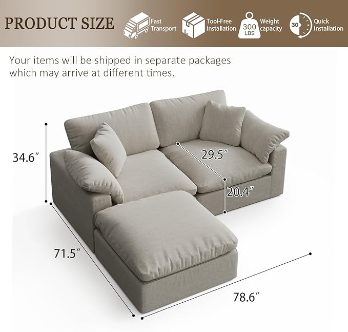Forest aesthetics Modular Cloud Sofa,Convertible 3-Seater Set,Extra Deep Seat Down Filled Seat, Washable & Replaceable Cushion Covers for Living Room,Apartment,Light Beige