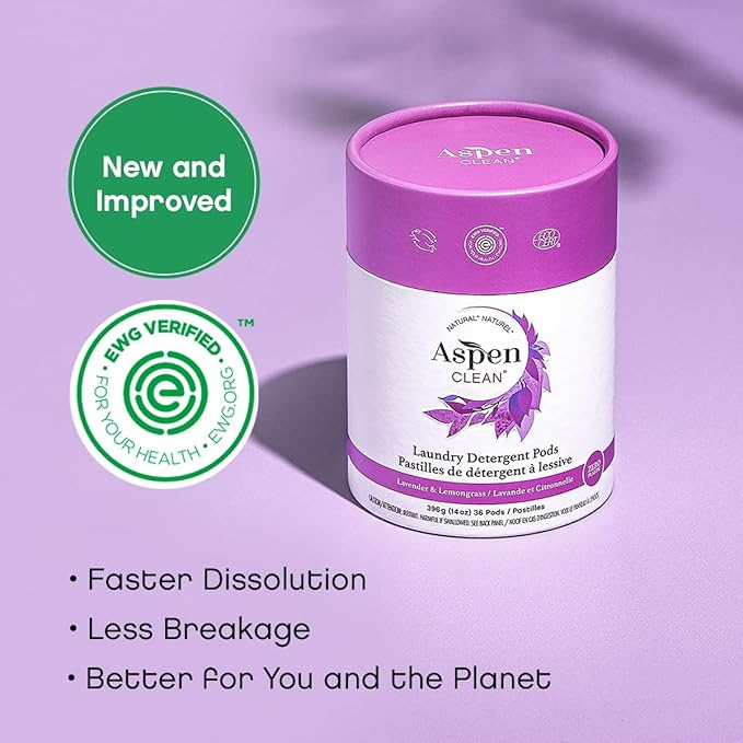 Aspen Clean Lavender Laundry Pods, New and Improved Packaging, Zero Plastic, EWG Verified™, Hypoallergenic Natural Laundry Detergent - 36 Count