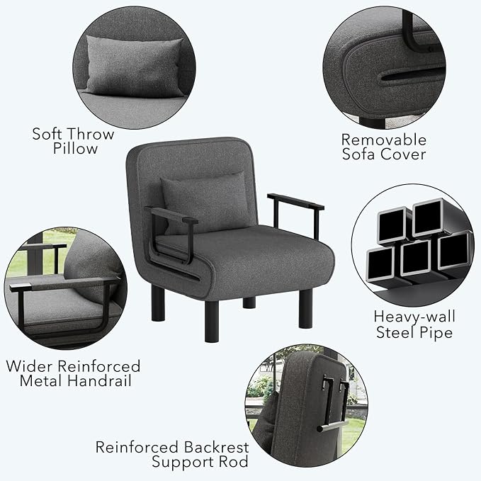 Furniliving 4 in 1 Folding Sofa Bed Chair, Convertible Sleeper Chair Bed with 6-Position Adjustable Backrest, Upholstered Chaise Lounge with Pillow, Accent Chairs for Bedroom/Office, Linen, Darkgrey
