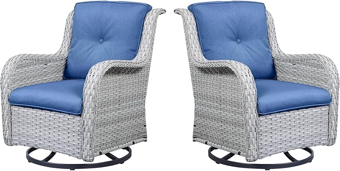 Belord Outdoor Swivel Rcoker Patio Chairs - Outdoor Swivel Patio Chairs Set of 2 Wicker Chair Patio Furniture Sets with Covered Cushion for Porch Deck Balcony Garden, Blue Cushion