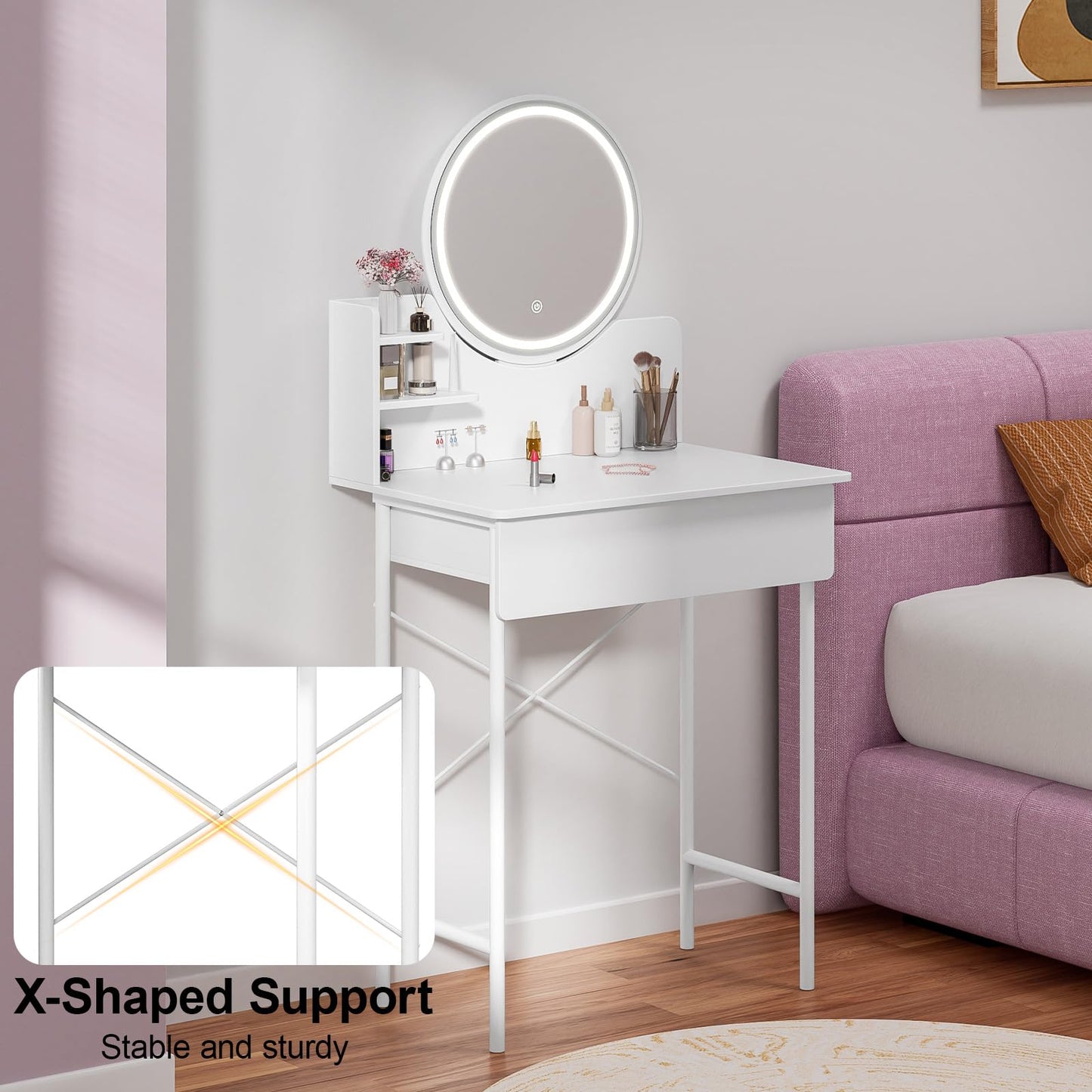 Gryphvex Small Vanity Desk with Mirror and Lights, Makeup Table with 1 Drawer and 2 Opening Shelves, Girls Vanity Dressing Table for Bedroom, 50 Inches Compact Vanities for Small Spaces