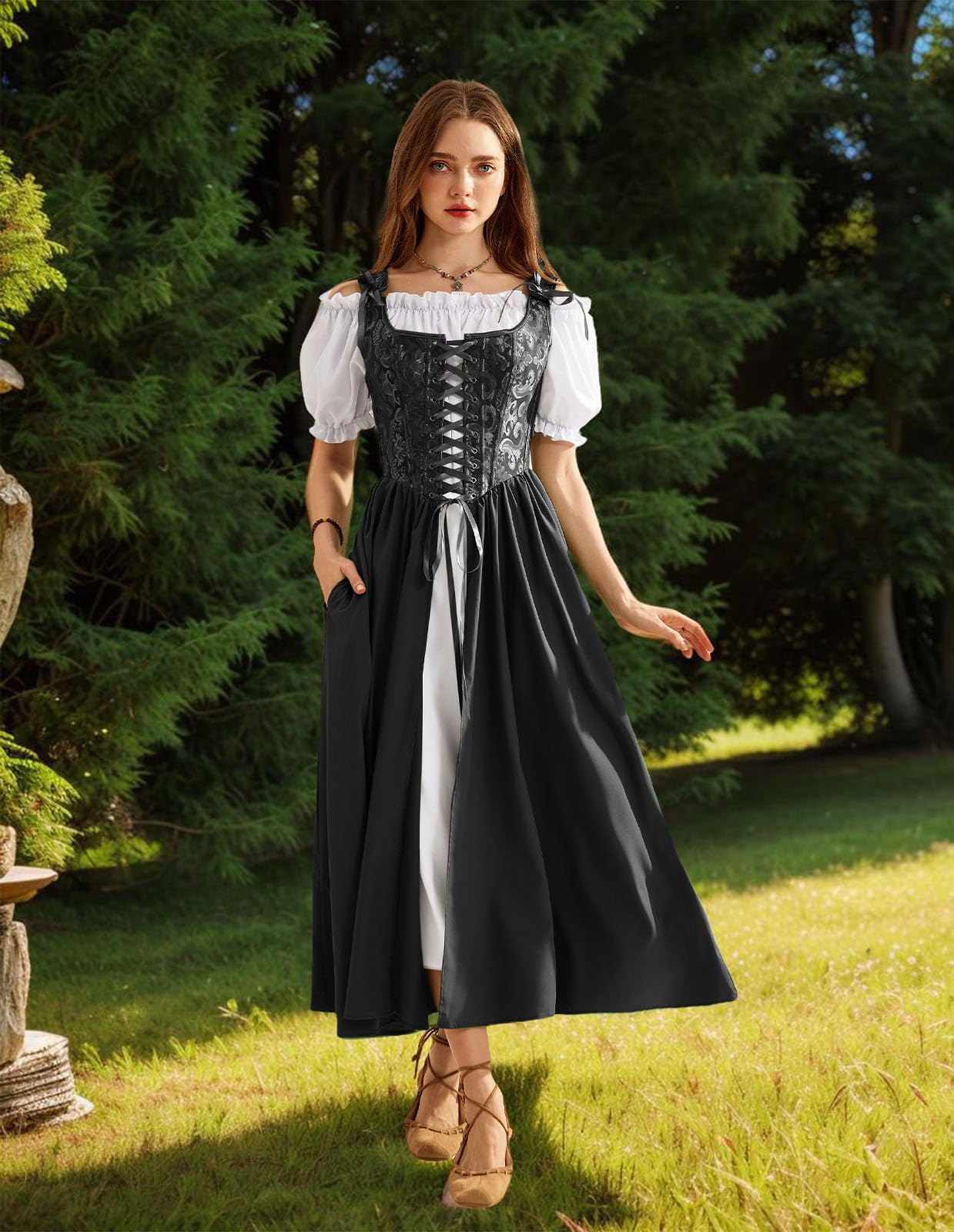 Renaissance Costume Women Medieval Corset Dress Puff Sleeve Fairy Dress Black Size 6