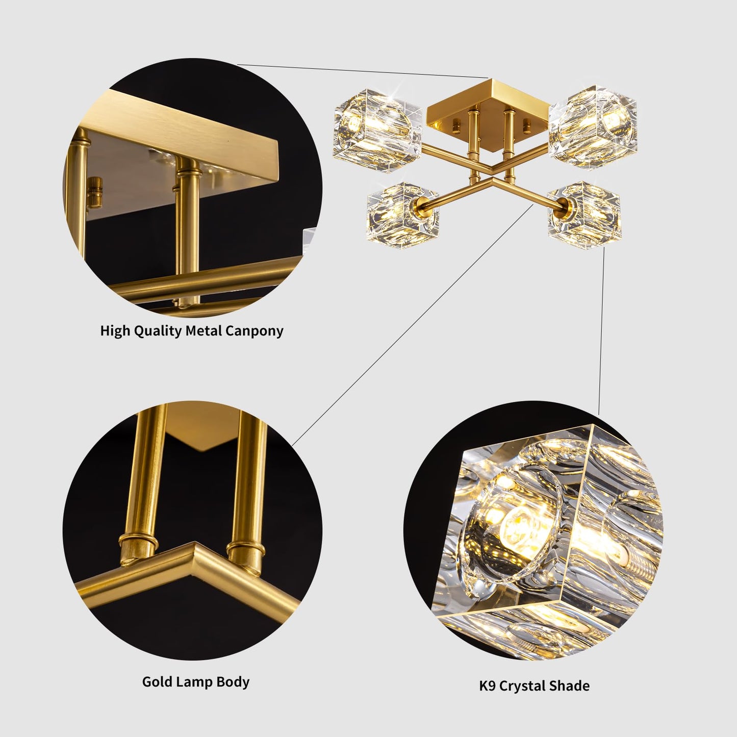 OKES Gold Modern Sputnik Chandelier Ceiling Light Fixtures,4-Lights Industrial Crystal Semi Flush Mount Ceiling Light for Bedroom Dining Room Hallway Kitchen Bedroom Entryway