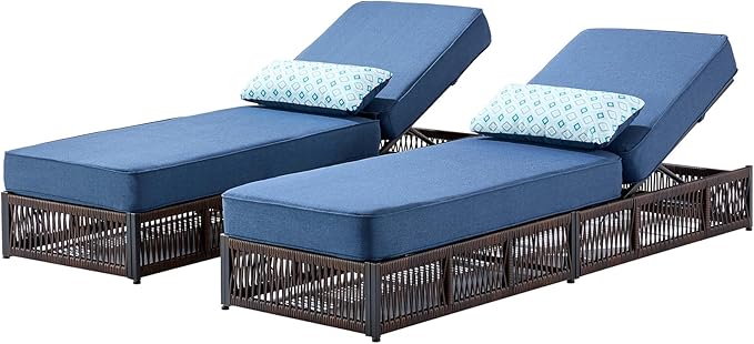 ACTREST Luxury Outdoor Chaise Lounges with 5 Inch Thickened Cushions - Set of 2 High Back Brown Wicker Patio Recliners Rattan Reclining Chairs Porch Poolside Pool Sunbathing Lounger - Navy Blue