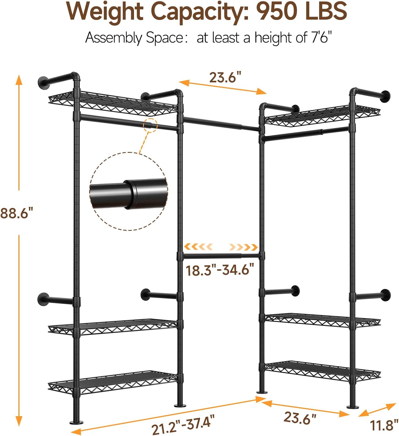 L3 Industrial Pipe Closet Organizer System, Wall Mounted Clothes Rack Clothing Racks with 4 Telescopic Rods & 6 Shelves , Heavy Duty Closet System in Wardrobe Closet (Black)