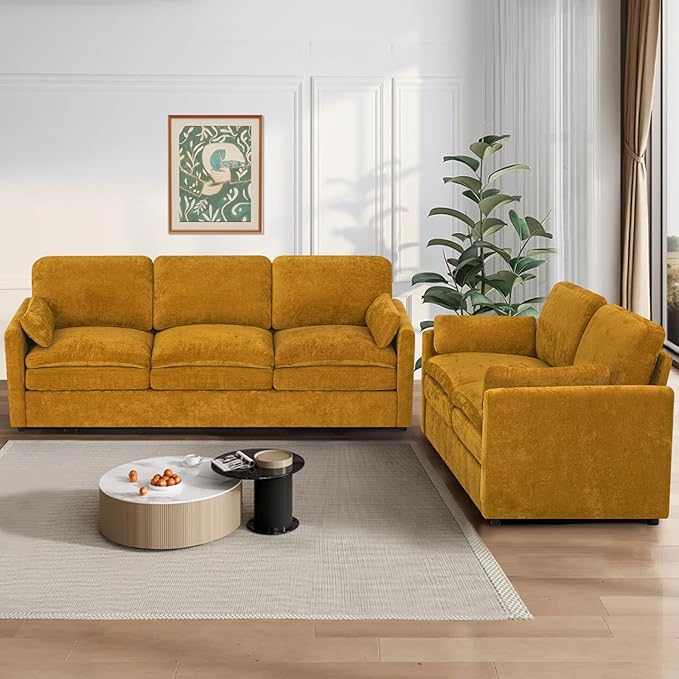 ACMEASE 2 Pieces Chenille Sofa Set w/Throw Pillows, Upholstered Loveseat & 3 Seater Sofa w/Comfortable Back Cushions, Modern 2-Seat & 3-Seat w/High-Density Foam for Living Room, Apartment, Yellow