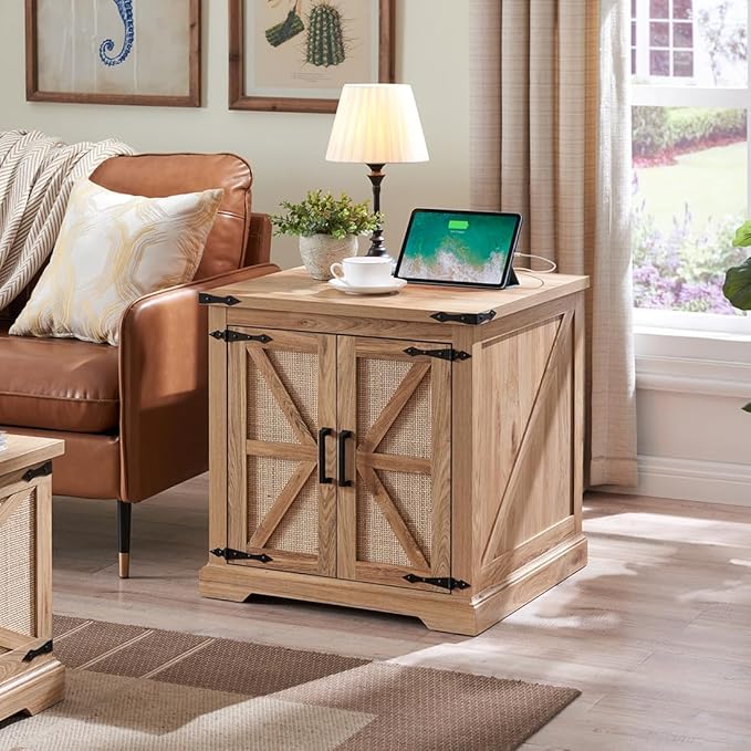 Barnyatoh Farmhouse Boho End Table with Charging Station, 24" Large Side Table with Rattan Barn Door, Rustic Wood Square Nightstand Bedside Table with Storage for Living Room, Bedroom, Natural 2-Pack