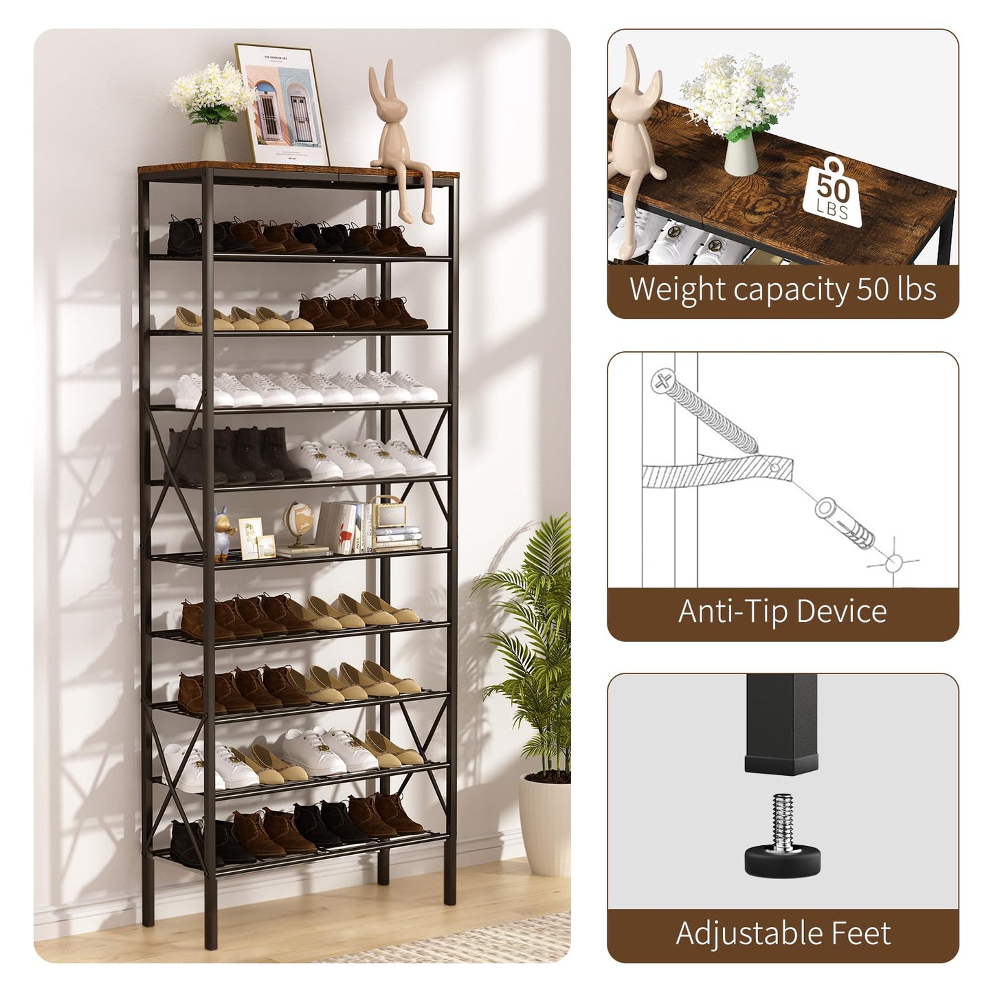 MILEFA 10-Tier Tall Shoe Rack, Large Capacity Shoe Shelf Holds40-45 Pairs, Shoe Shelf for Entryway, Hallway, Living Room, Rustic Brown