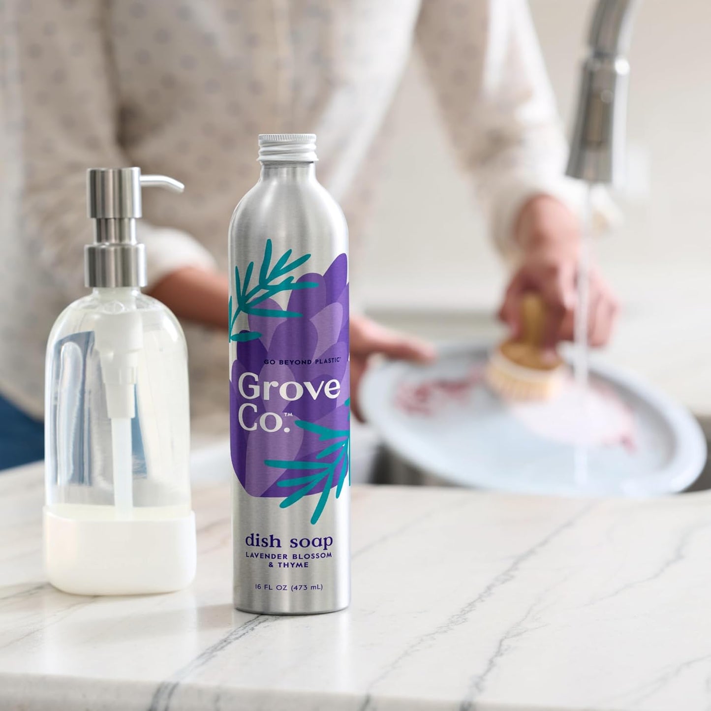 Grove Co. Ultimate Dish Soap Refills (3 x 16 Fl Oz) + Refillable Glass Dish Soap Dispenser for Kitchen Sink with Non-Slip Silicone Sleeve, Plastic Free Cleaning Products, Lavender Blossom & Thyme