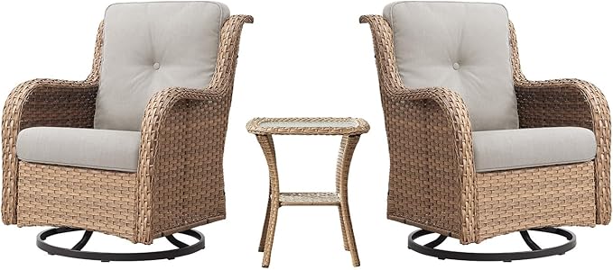 Belord Outdoor Swivel Rocker Patio Chairs - 360 Degree Swivel Glider Seating 350LBS Weight Capacity 3 Piece Wicker Rocking Chairs Set with Side Table for Porch Balcony Deck, Yellow/Beige